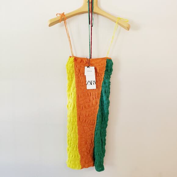 ZARA Linen Blend Knit Mini Dress Bright Colorblock Size Small - Picture 6 of 9